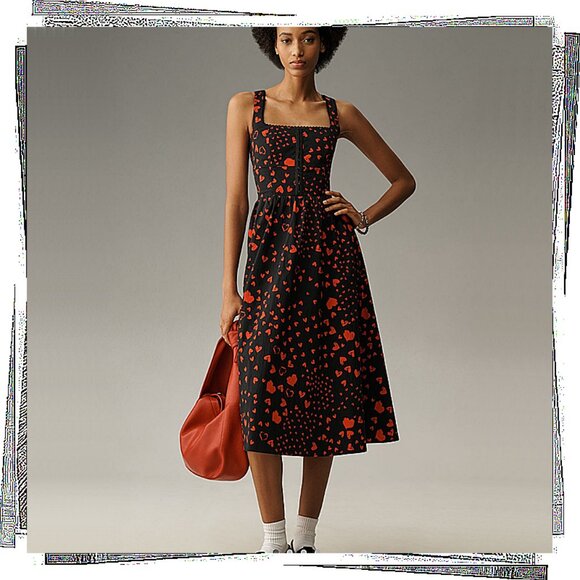 NWT: Black & Red Heart Print Fit & Flare Corset Detail Cotton Midi Dress (4) - Picture 2 of 7